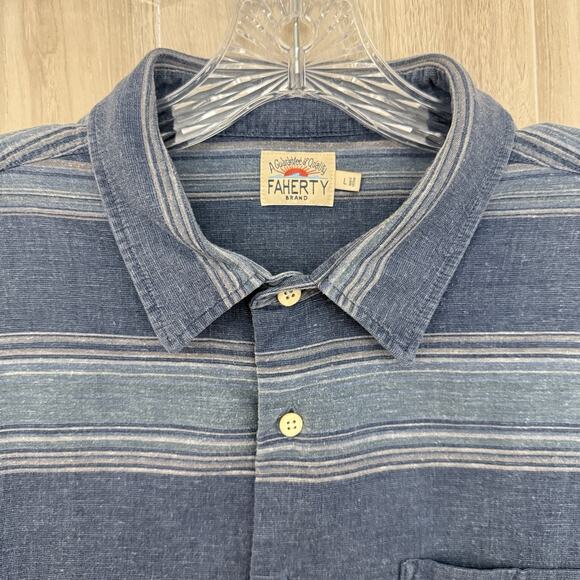 Faherty Shirt Men Large Breeze Striped Blue Tropical Hemp Tencel Beach Resort - Picture 4 of 13